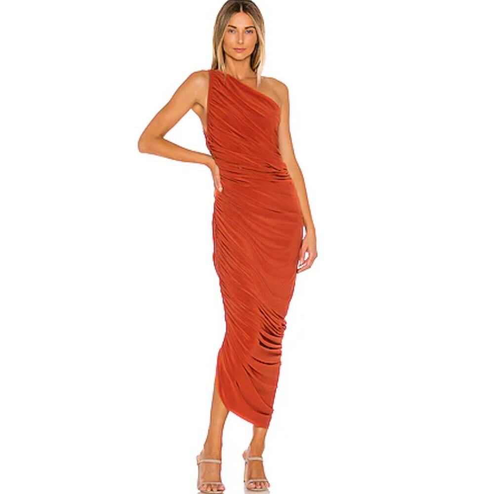 Norma Kamali Diana Ruched One Shoulder Maxi Gown In Blood Orange Women's Sz S